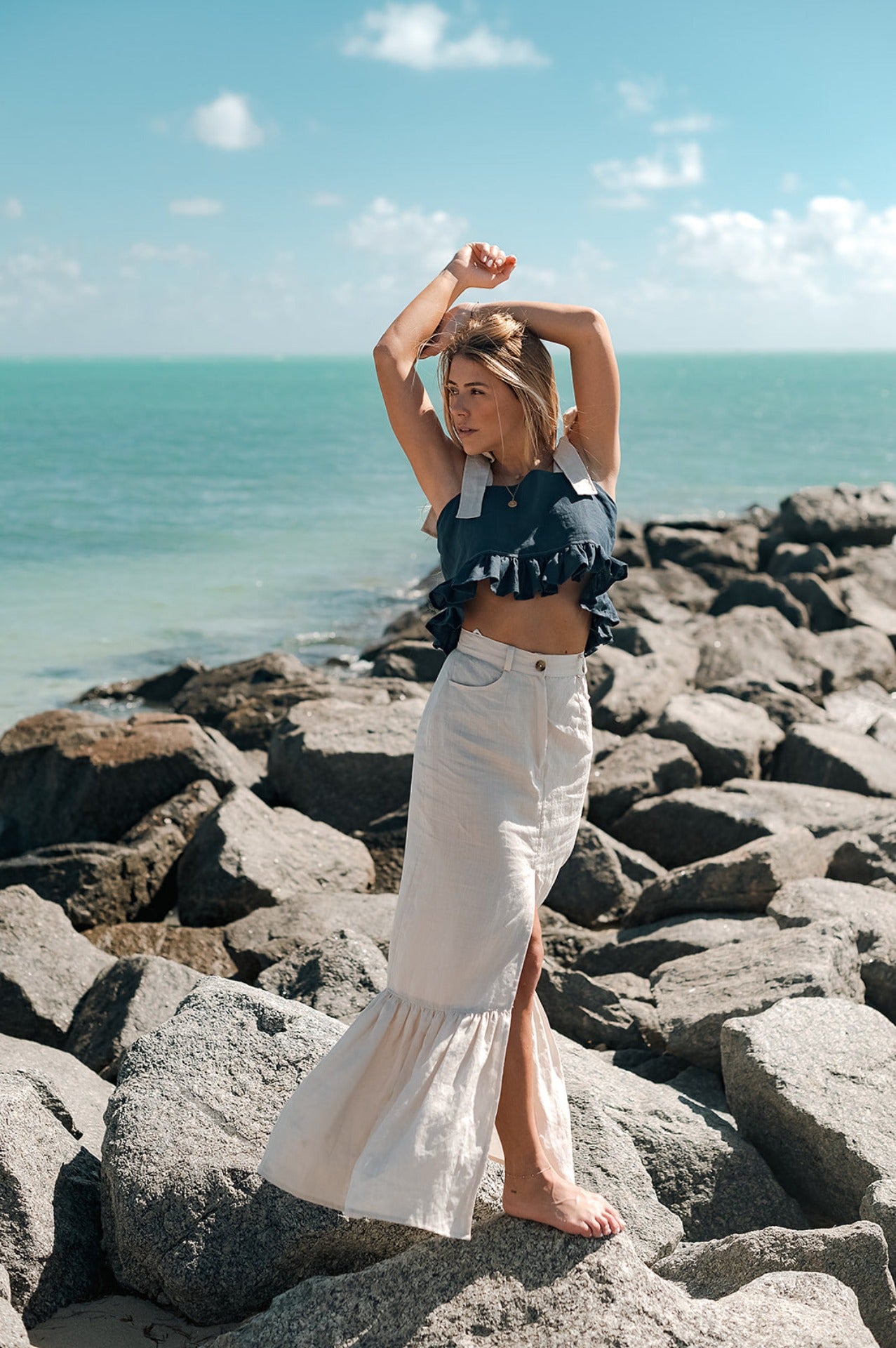 Linen High-Waisted Maxi Skirt With Front Slit