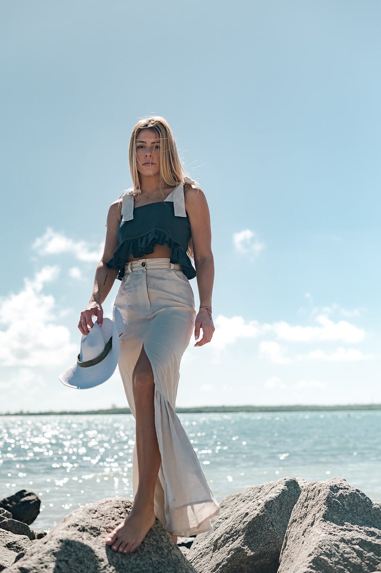 Linen High-Waisted Maxi Skirt With Front Slit