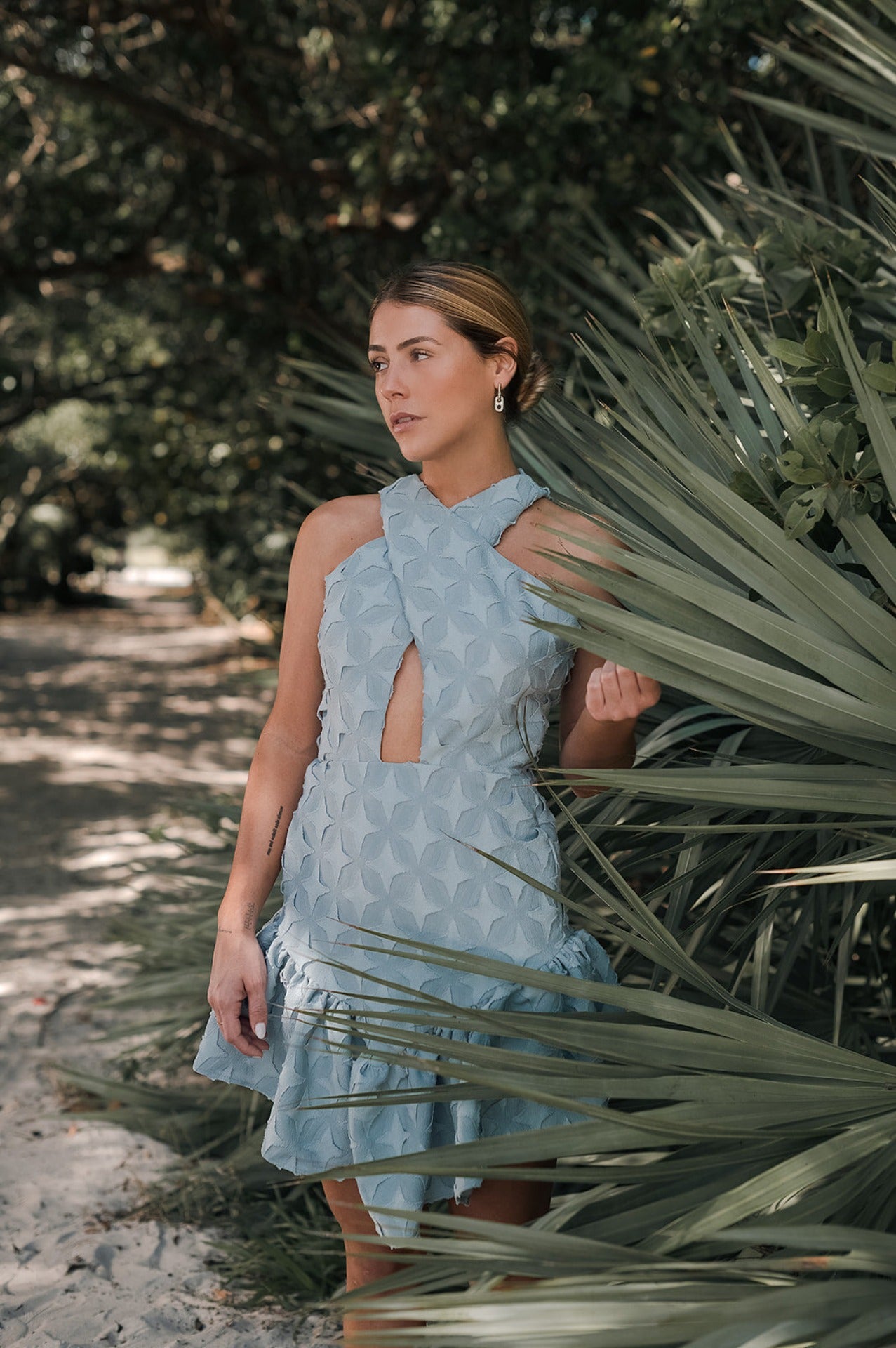 Cross Halter Mini Ruffle Dress
