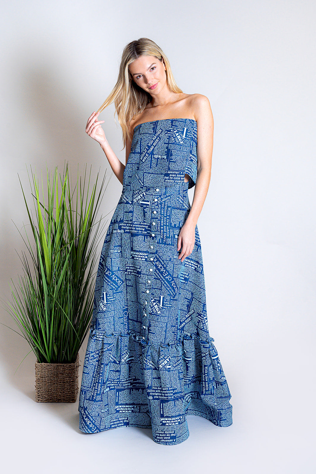 Newspaper Print Blue Button-Down Maxi Skirt | Blue