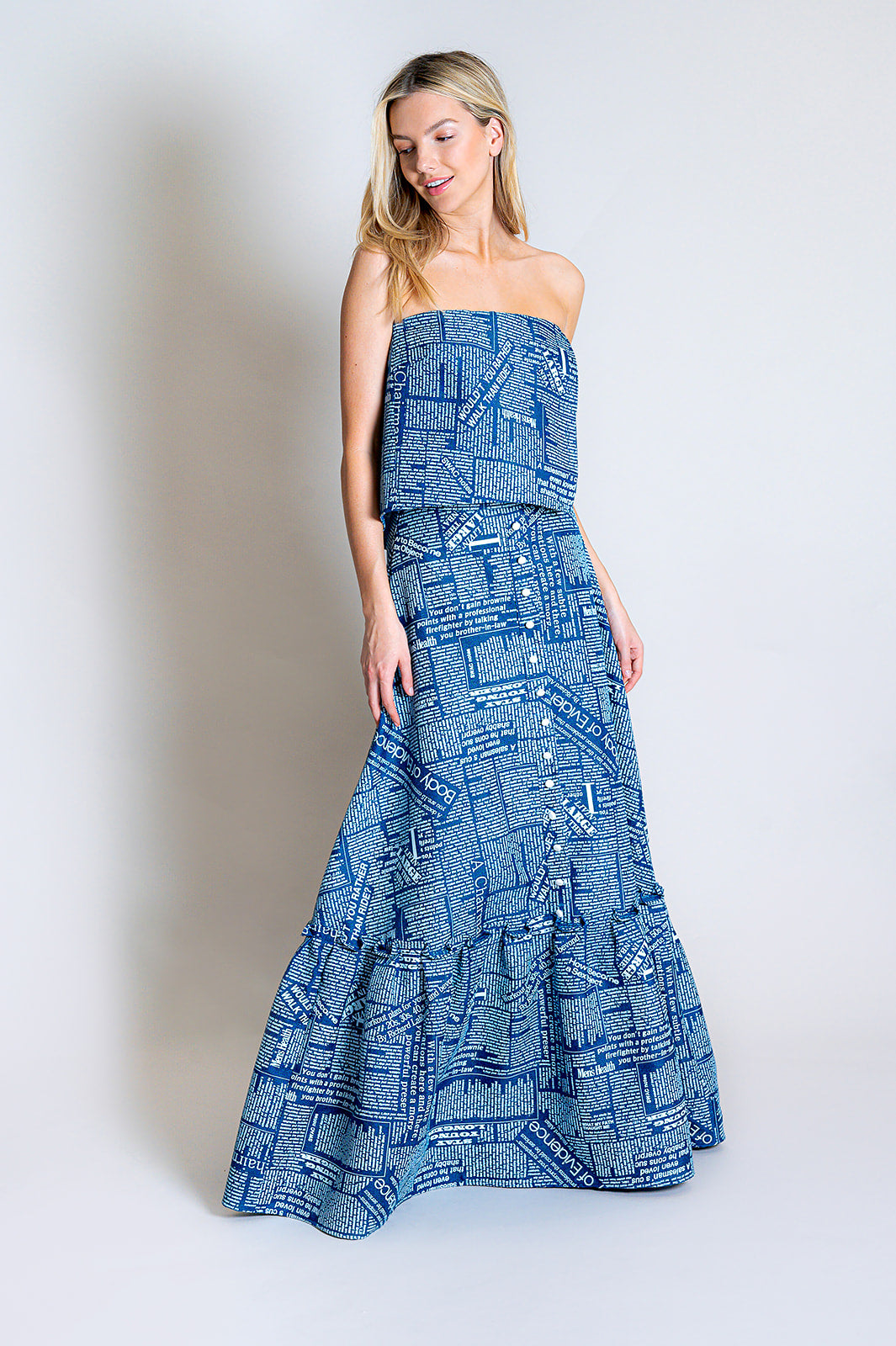 Newspaper Print Blue Button-Down Maxi Skirt | Blue