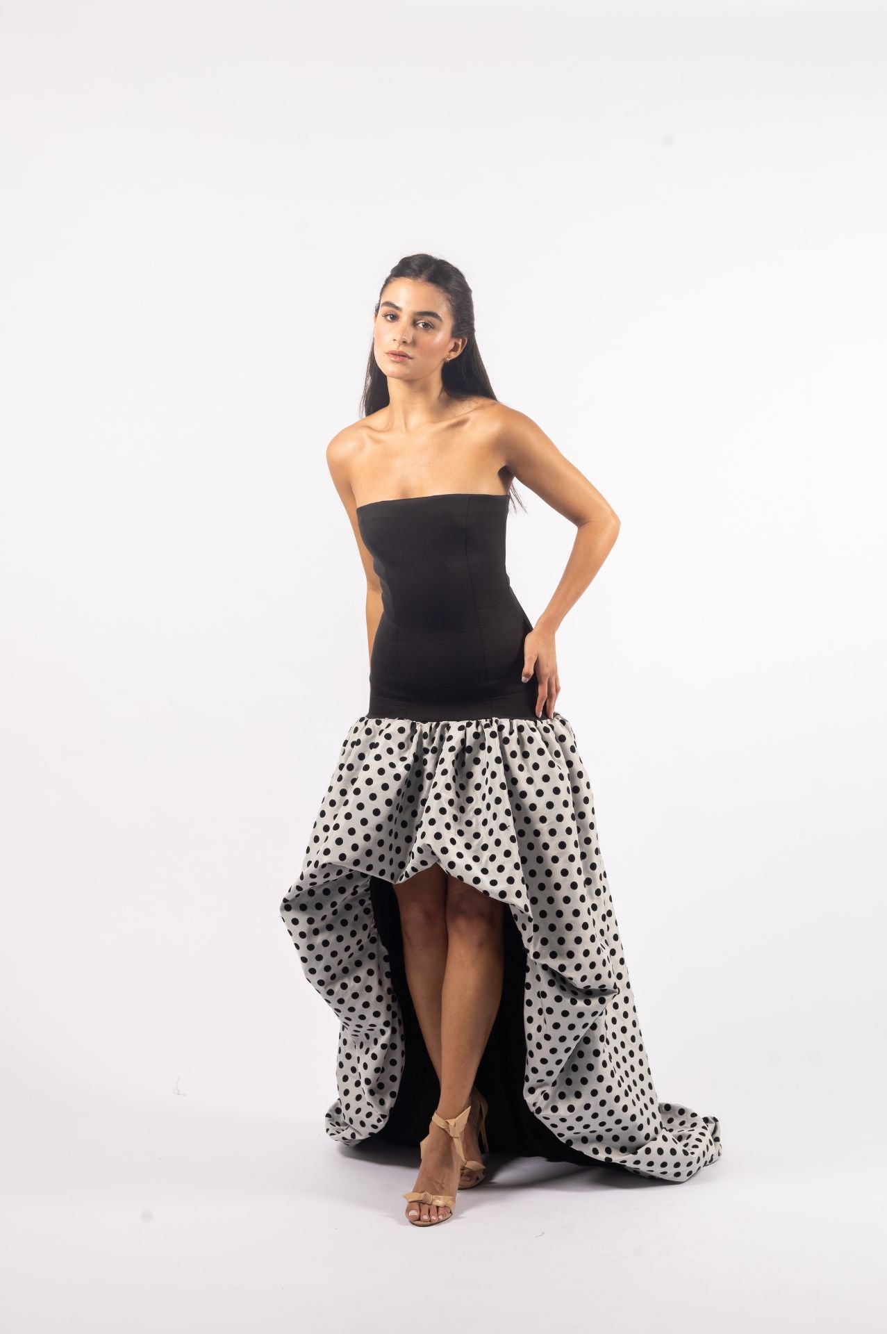Aria Gown| Black Neoprene Fitted Bodice with Contrast Polka Dot High-Low Skirt