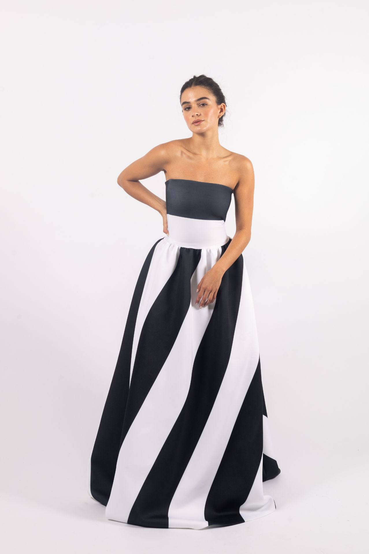 Notte Gown | Black and White Neoprene Striped Gown