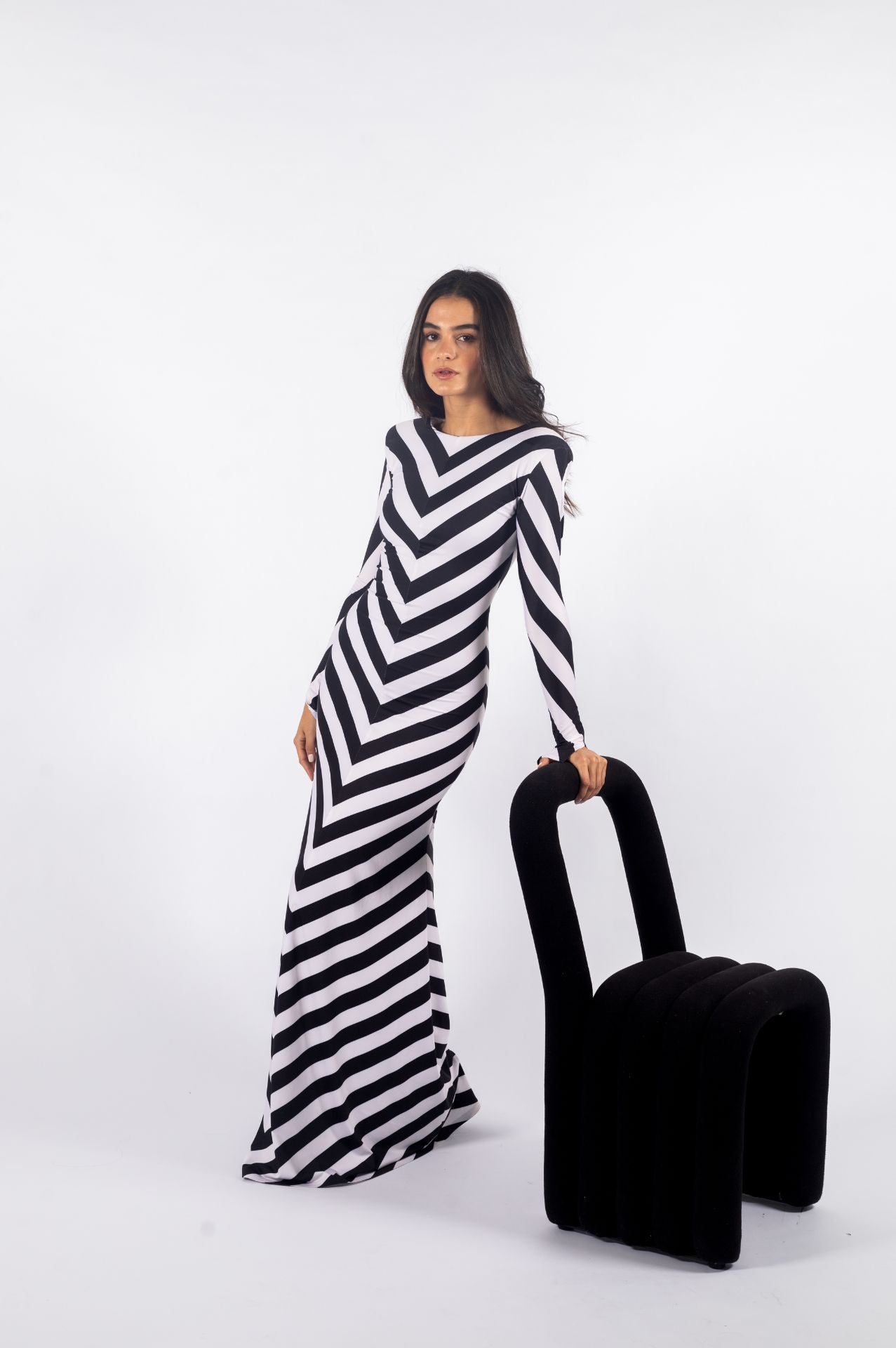 Stella Dress | Black and White Diagonal Striped Dress
