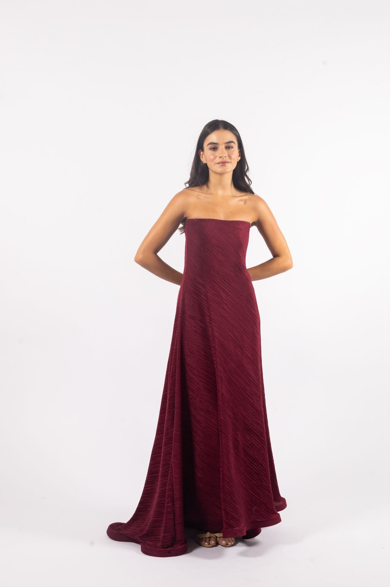 Serena Dress | Strapless Burgundy Pleated Dress with Flowy Silhouette