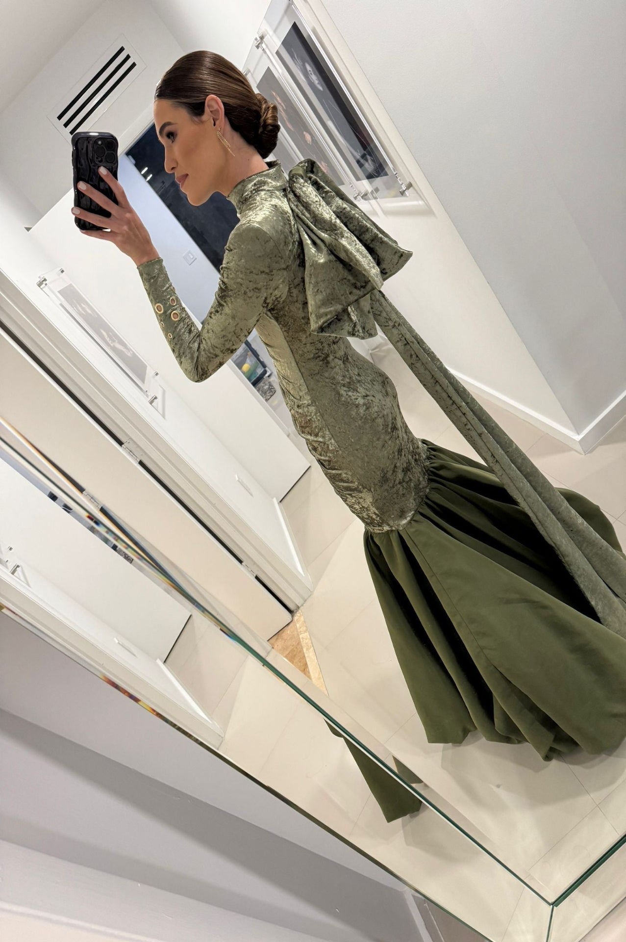 Olive Green Velvet Gown with Silk Taffeta Ballon Skirt