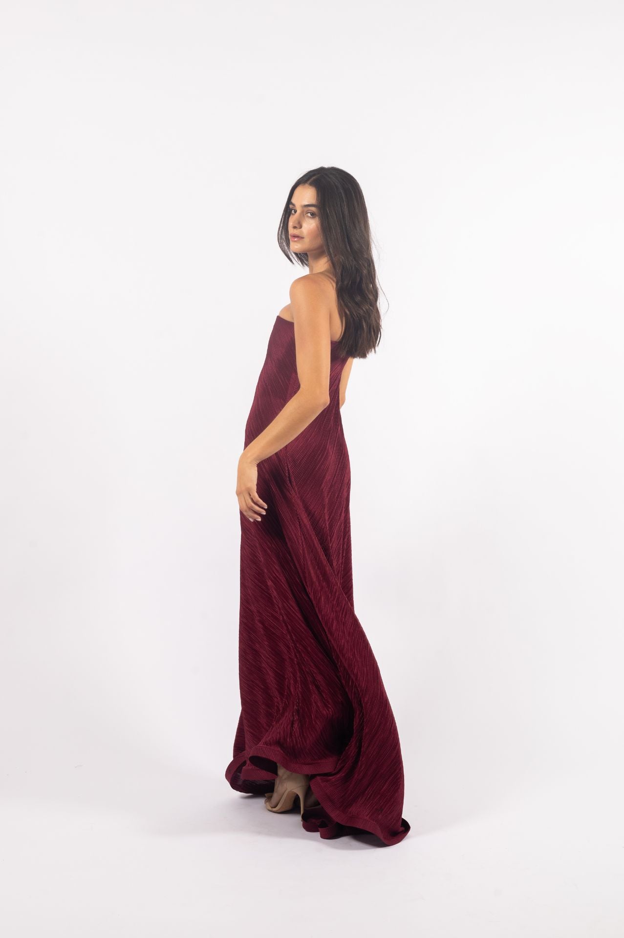 Serena Dress | Strapless Burgundy Pleated Dress with Flowy Silhouette