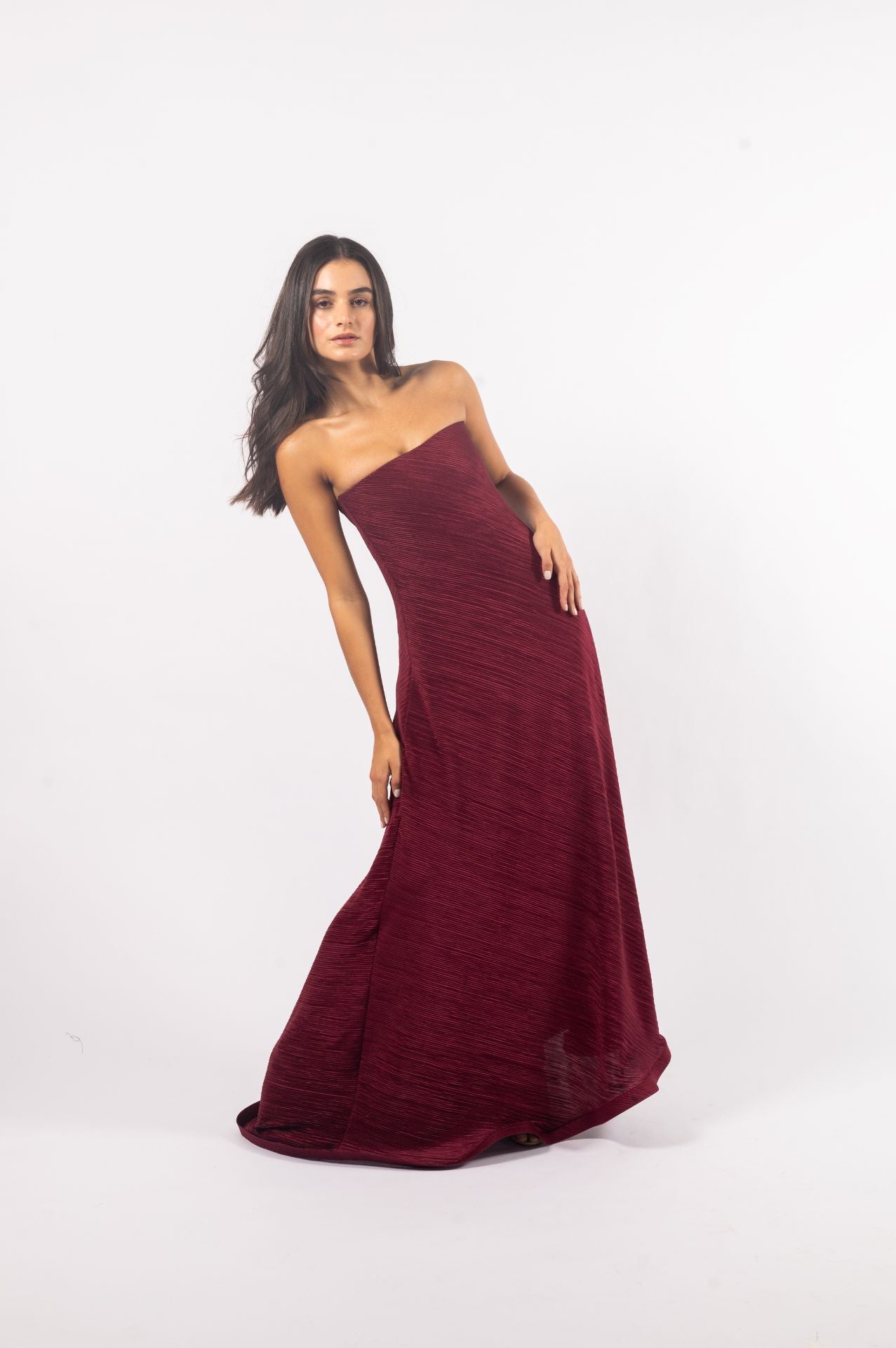 Serena Dress | Strapless Burgundy Pleated Dress with Flowy Silhouette