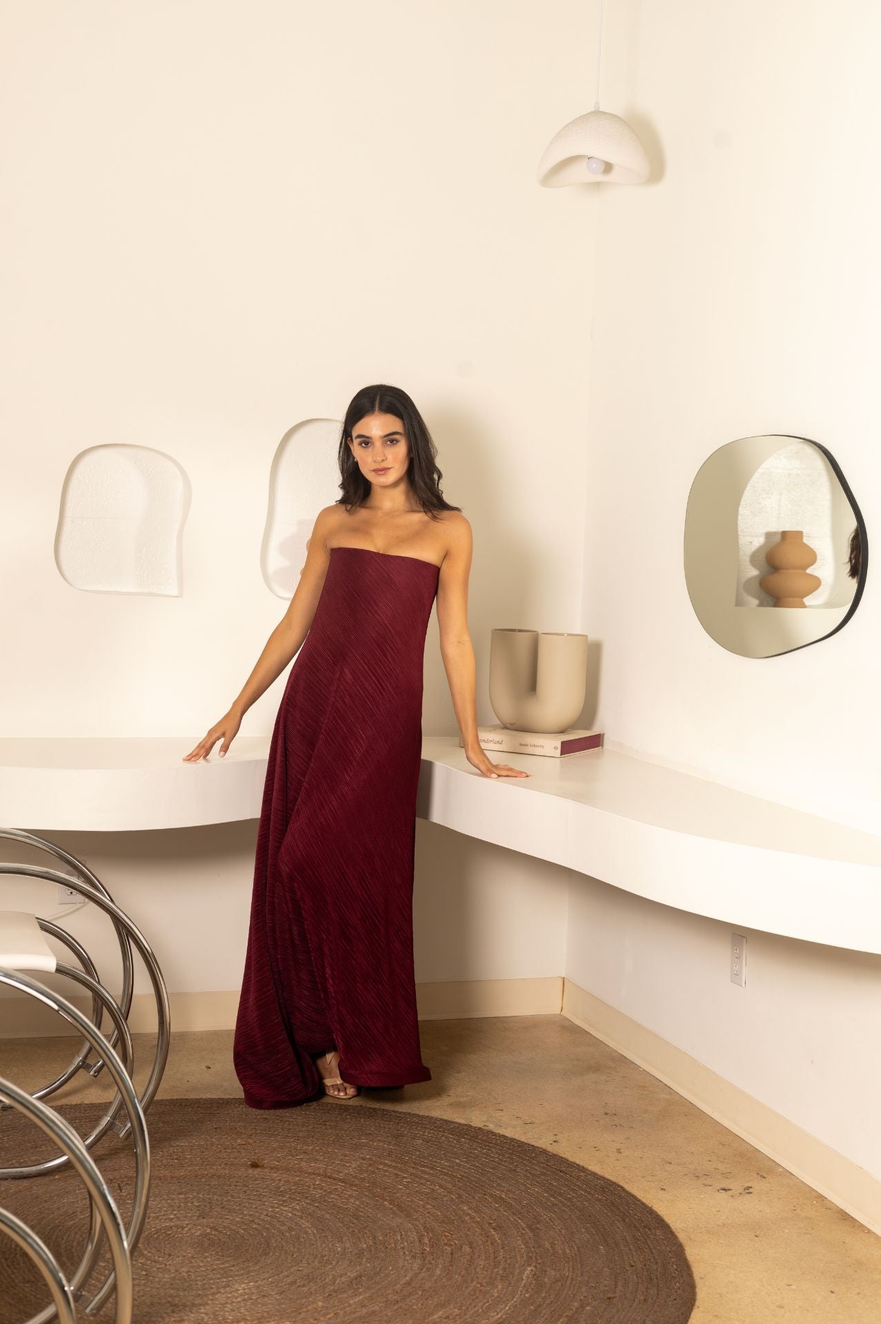 Serena Dress | Strapless Burgundy Pleated Dress with Flowy Silhouette