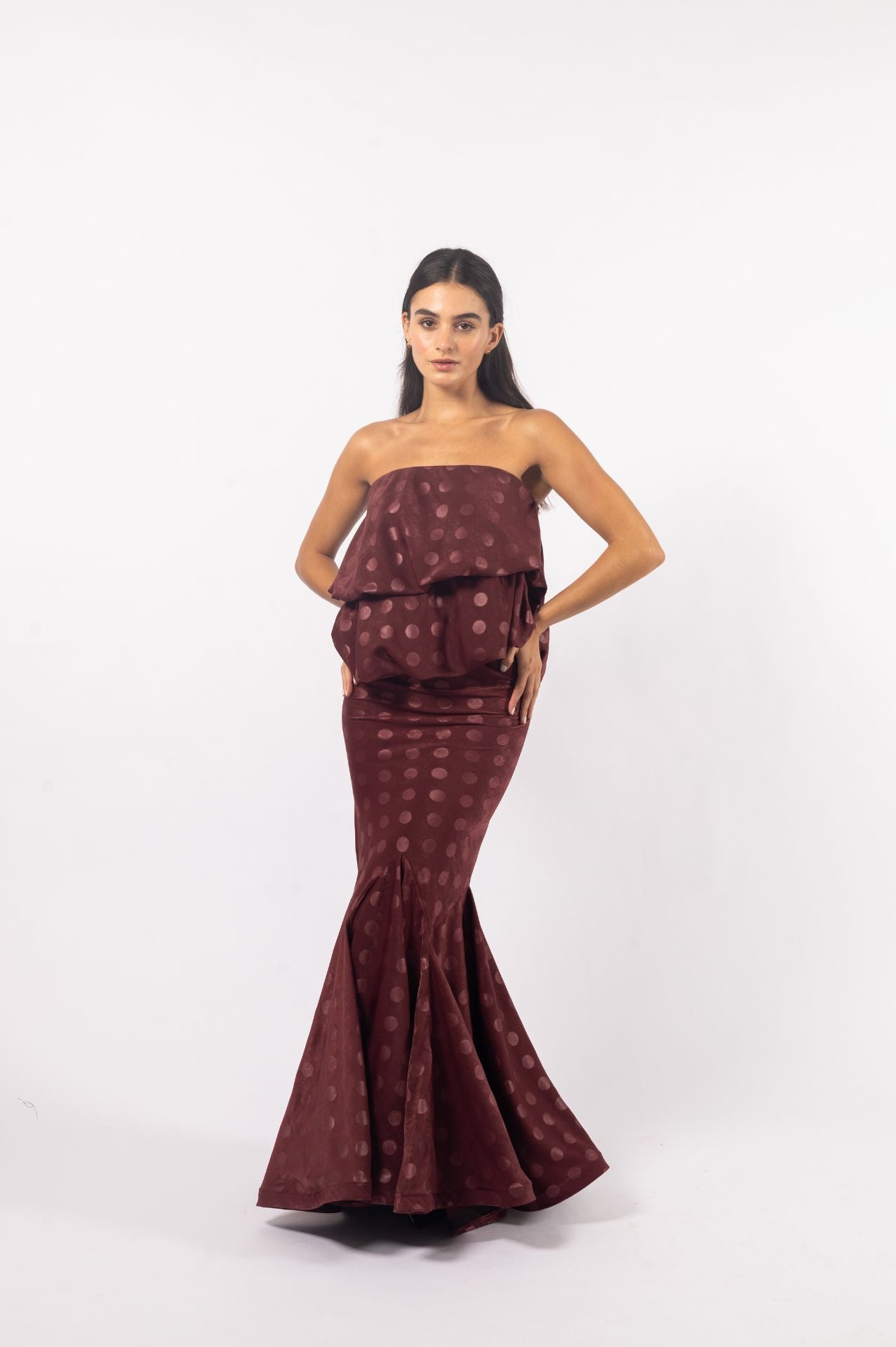 Livia Set | Burgundy Jacquard Two-Layer Balloon Top and Mermaid Bias Skirt