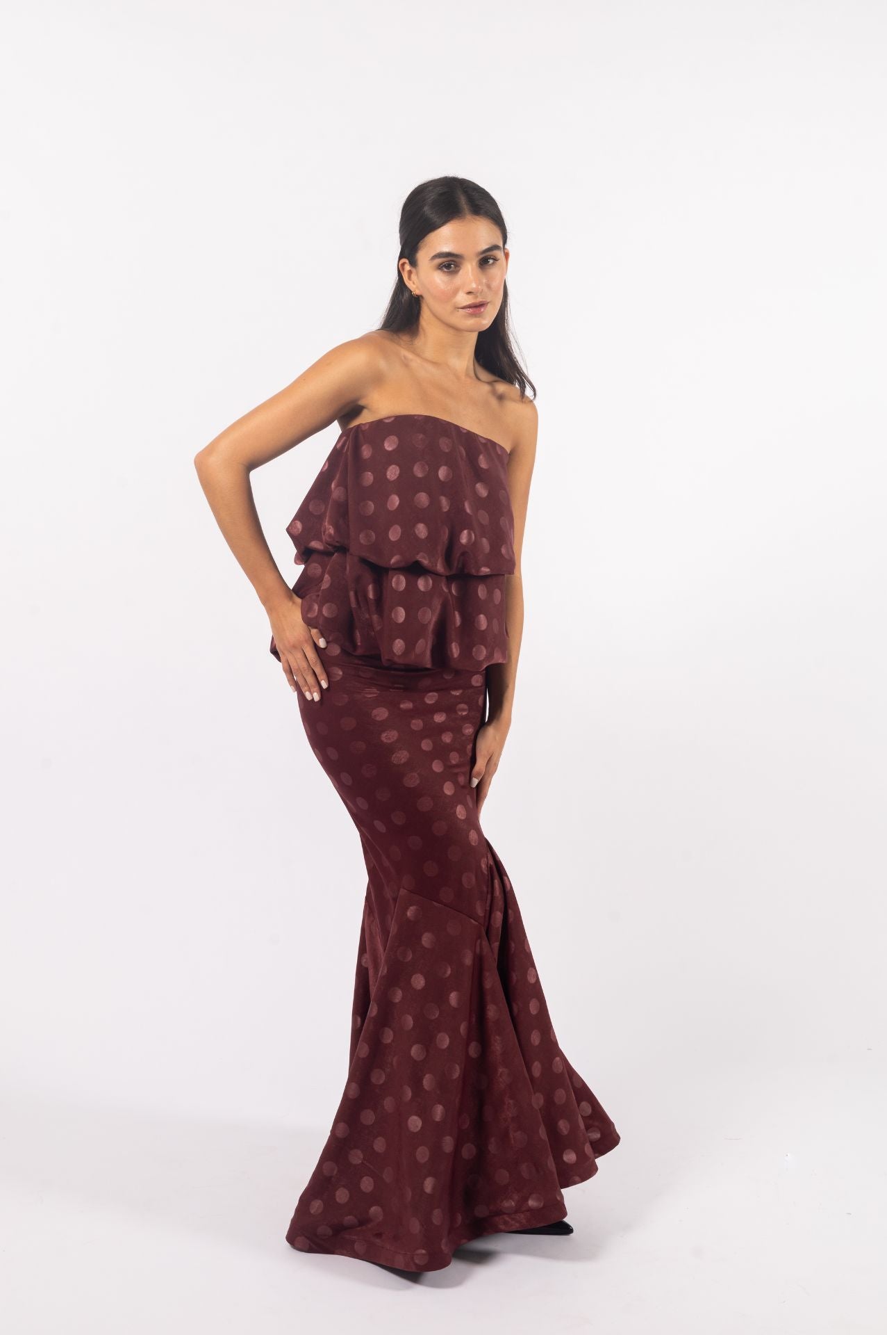 Livia Set | Burgundy Jacquard Two-Layer Balloon Top and Mermaid Bias Skirt
