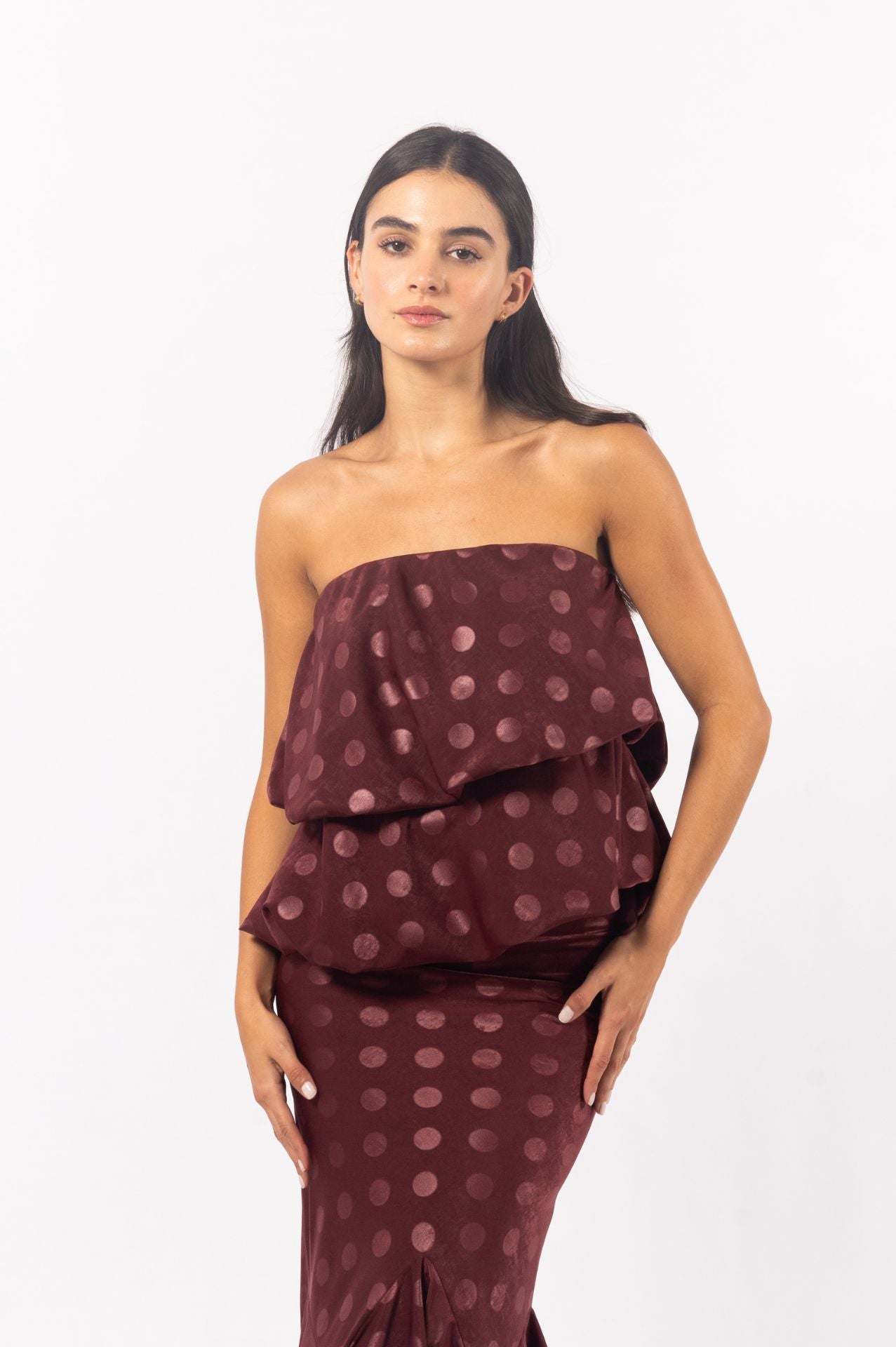 Livia Set | Burgundy Jacquard Two-Layer Balloon Top and Mermaid Bias Skirt