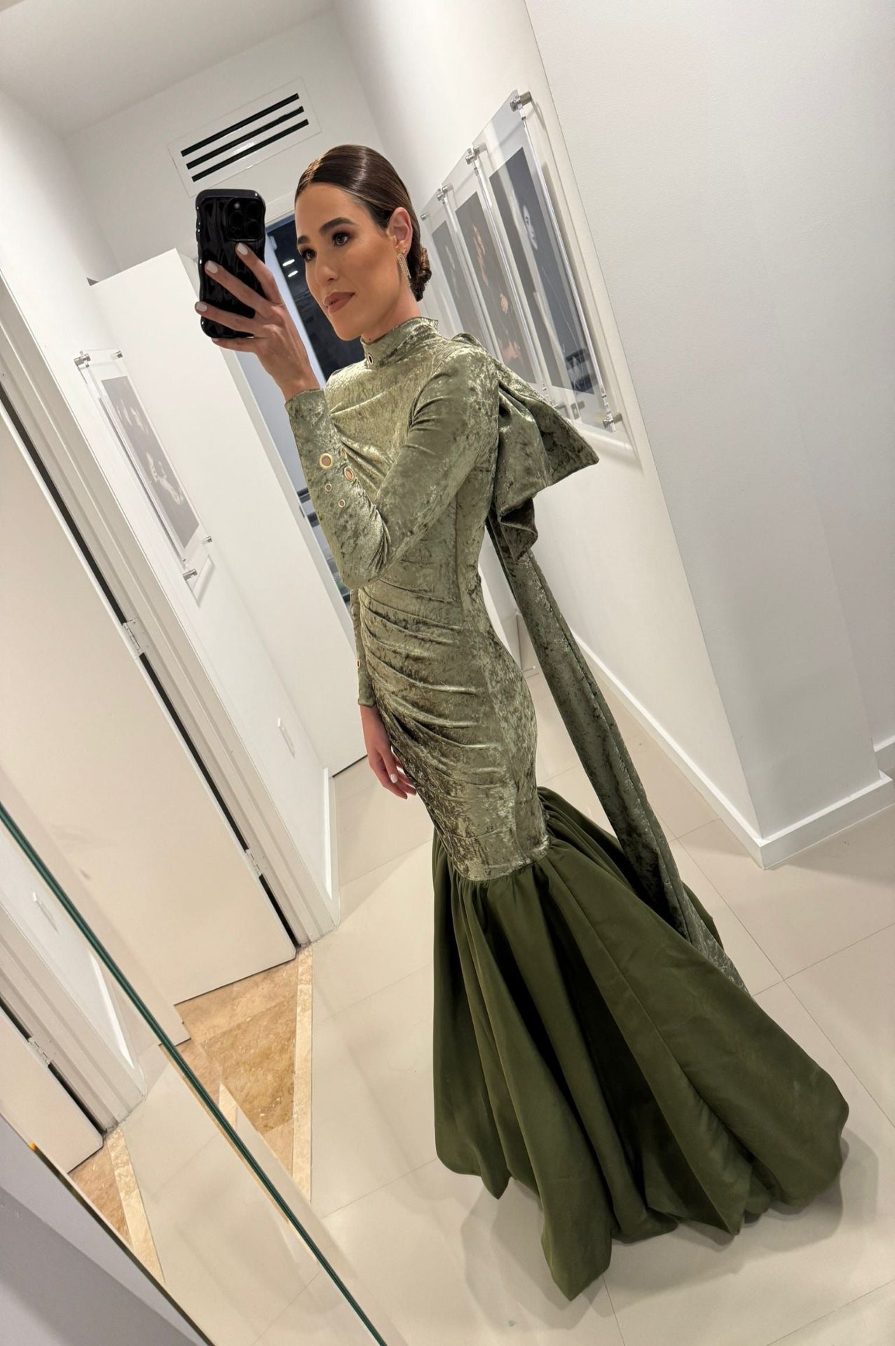 Olive Green Velvet Gown with Silk Taffeta Ballon Skirt