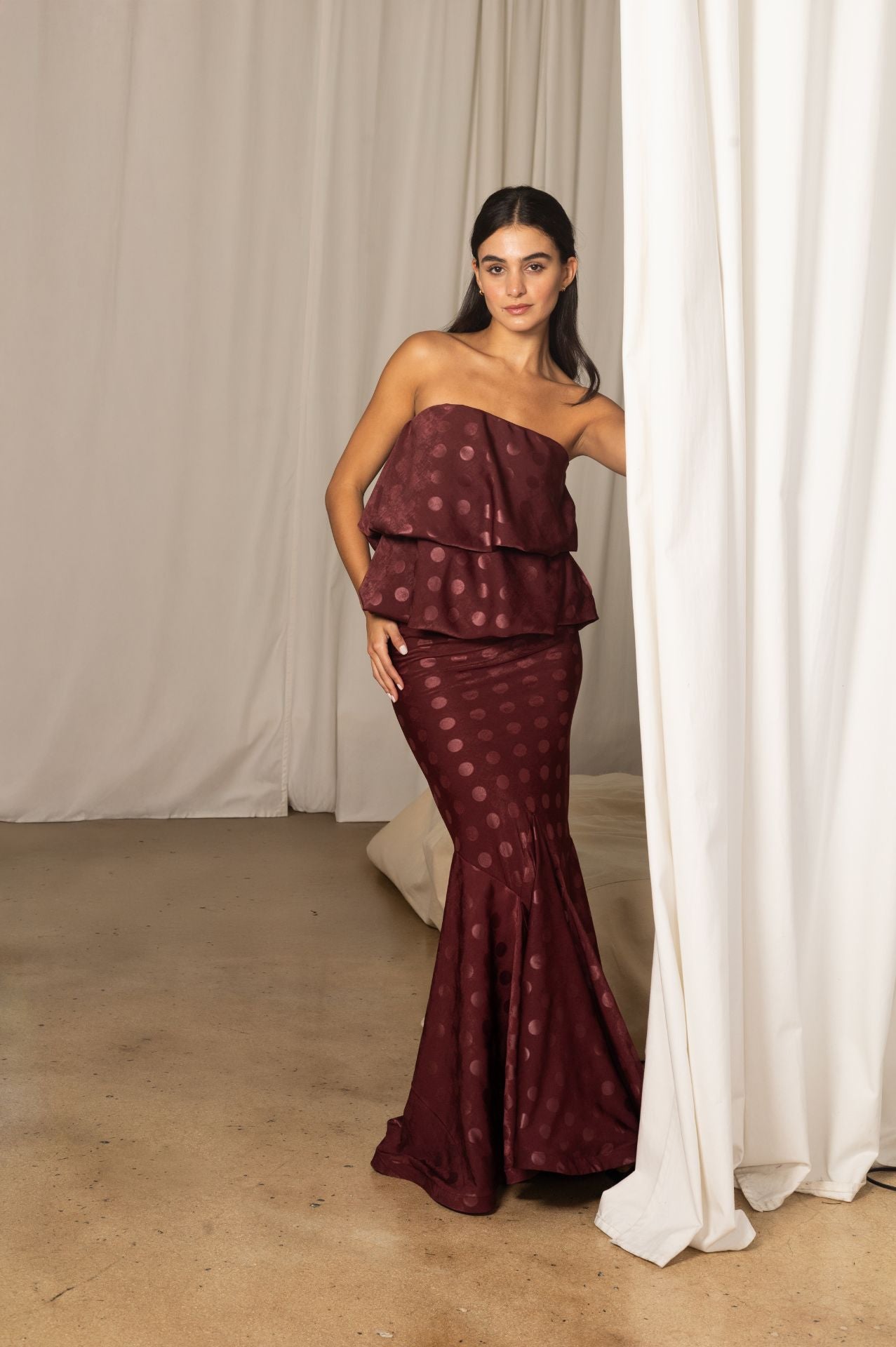 Livia Set | Burgundy Jacquard Two-Layer Balloon Top and Mermaid Bias Skirt