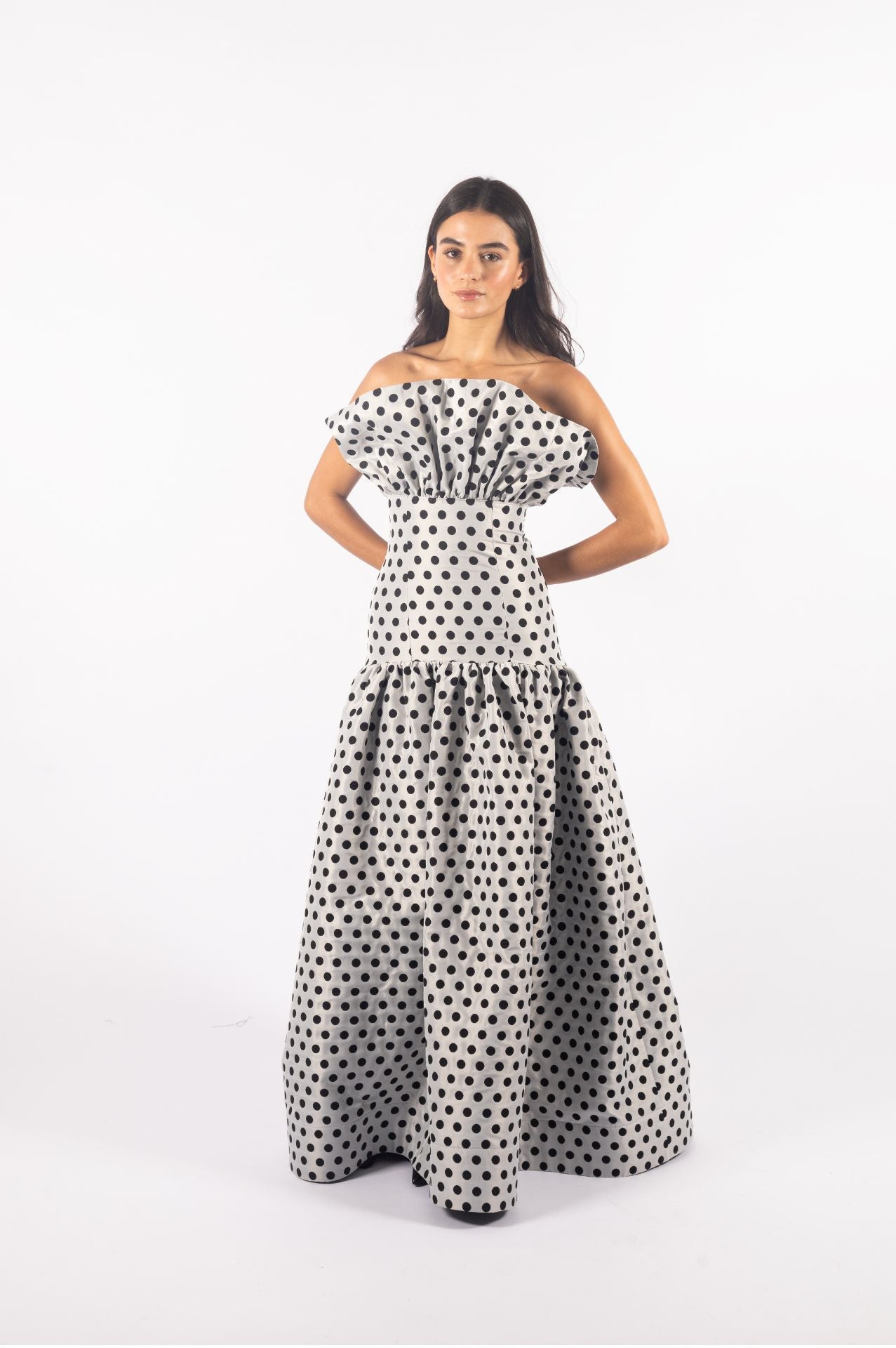 Chiara Gown| Grey and Black Polka Dot Jacquard Strapless Dress with Ruffle Bodice