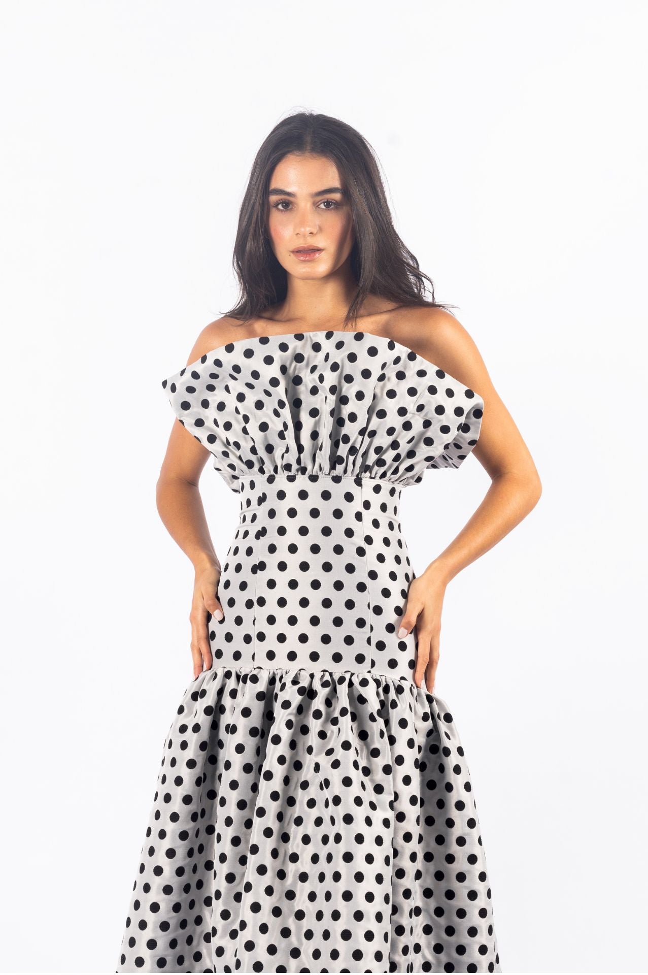Chiara Gown| Grey and Black Polka Dot Jacquard Strapless Dress with Ruffle Bodice