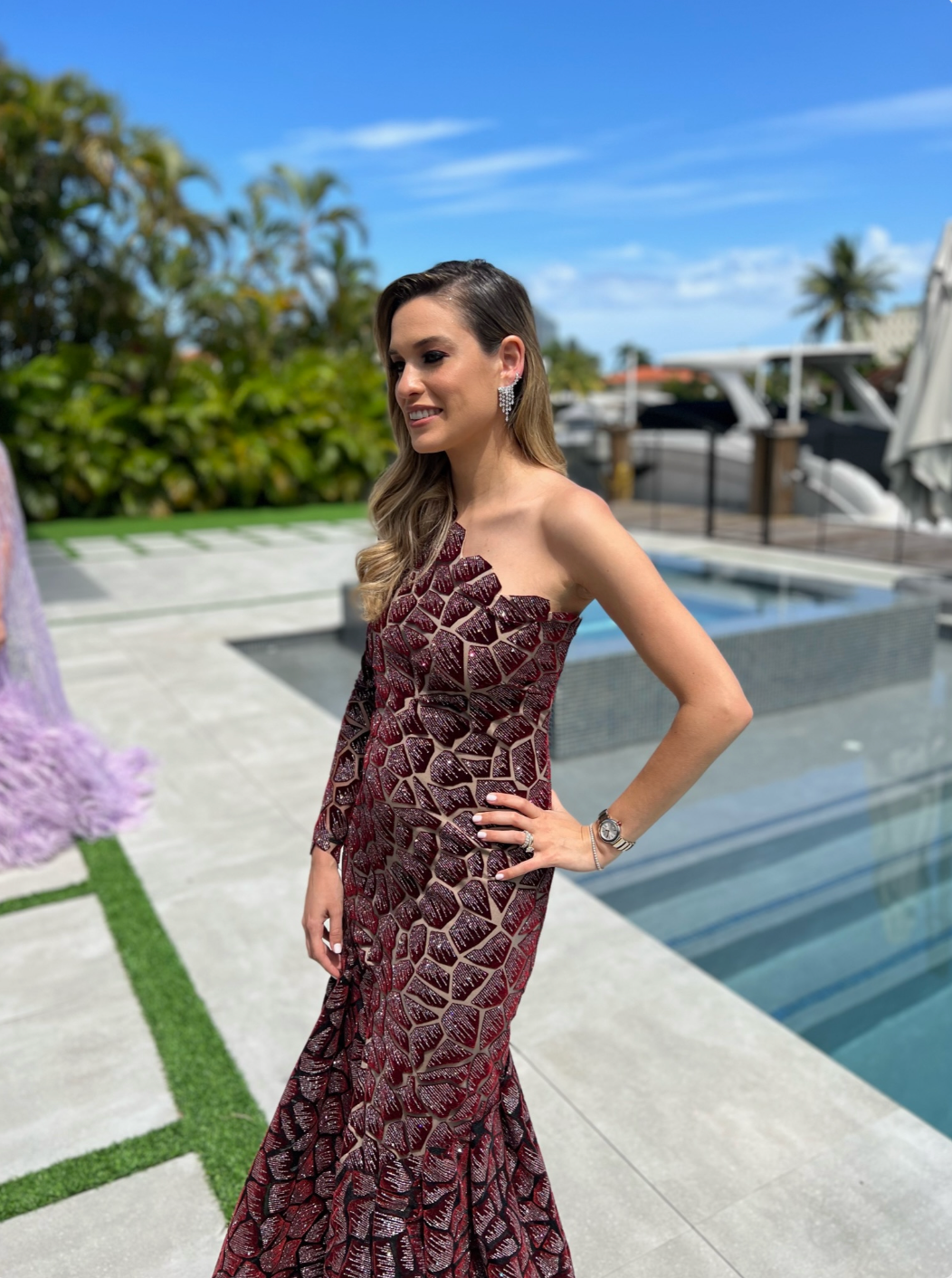 Burgandy One Shoulder Glittery Velvet Gown