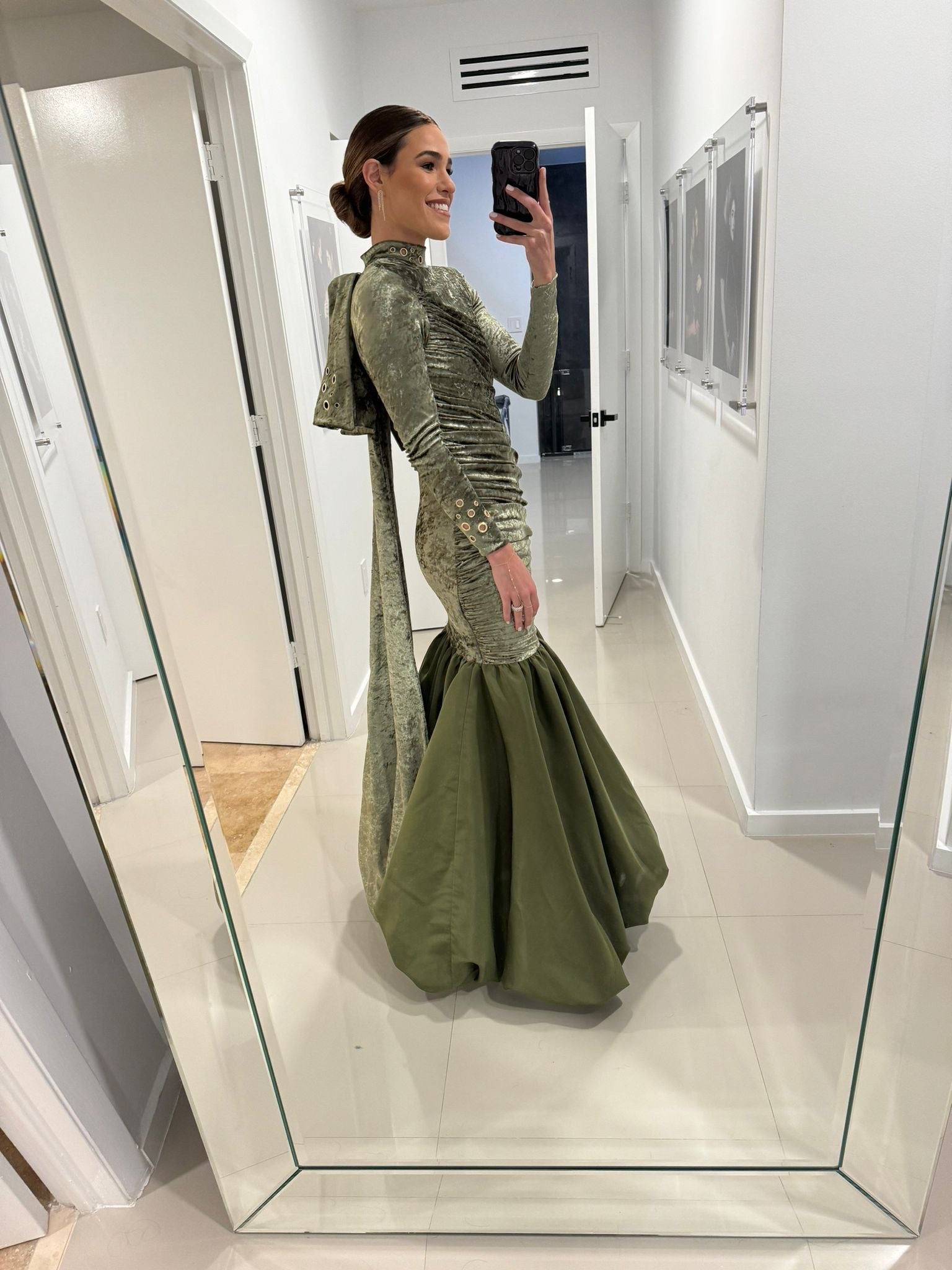 Olive Green Velvet Gown with Silk Taffeta Ballon Skirt