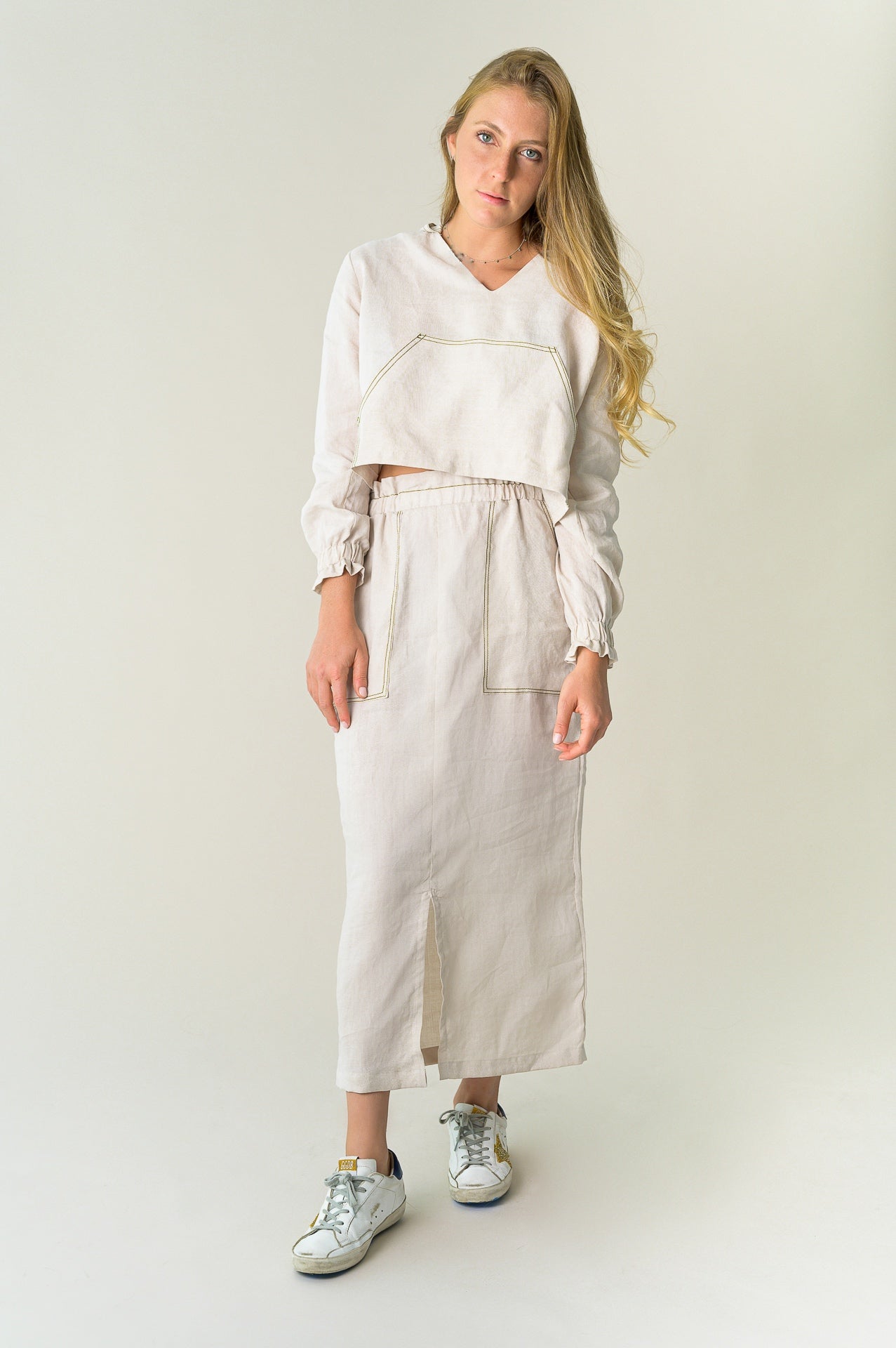 Linen Midi Skirt | Beige with Olive