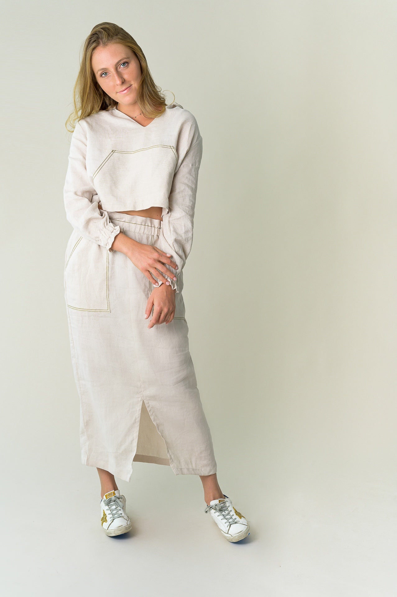 Linen Midi Skirt | Beige with Olive