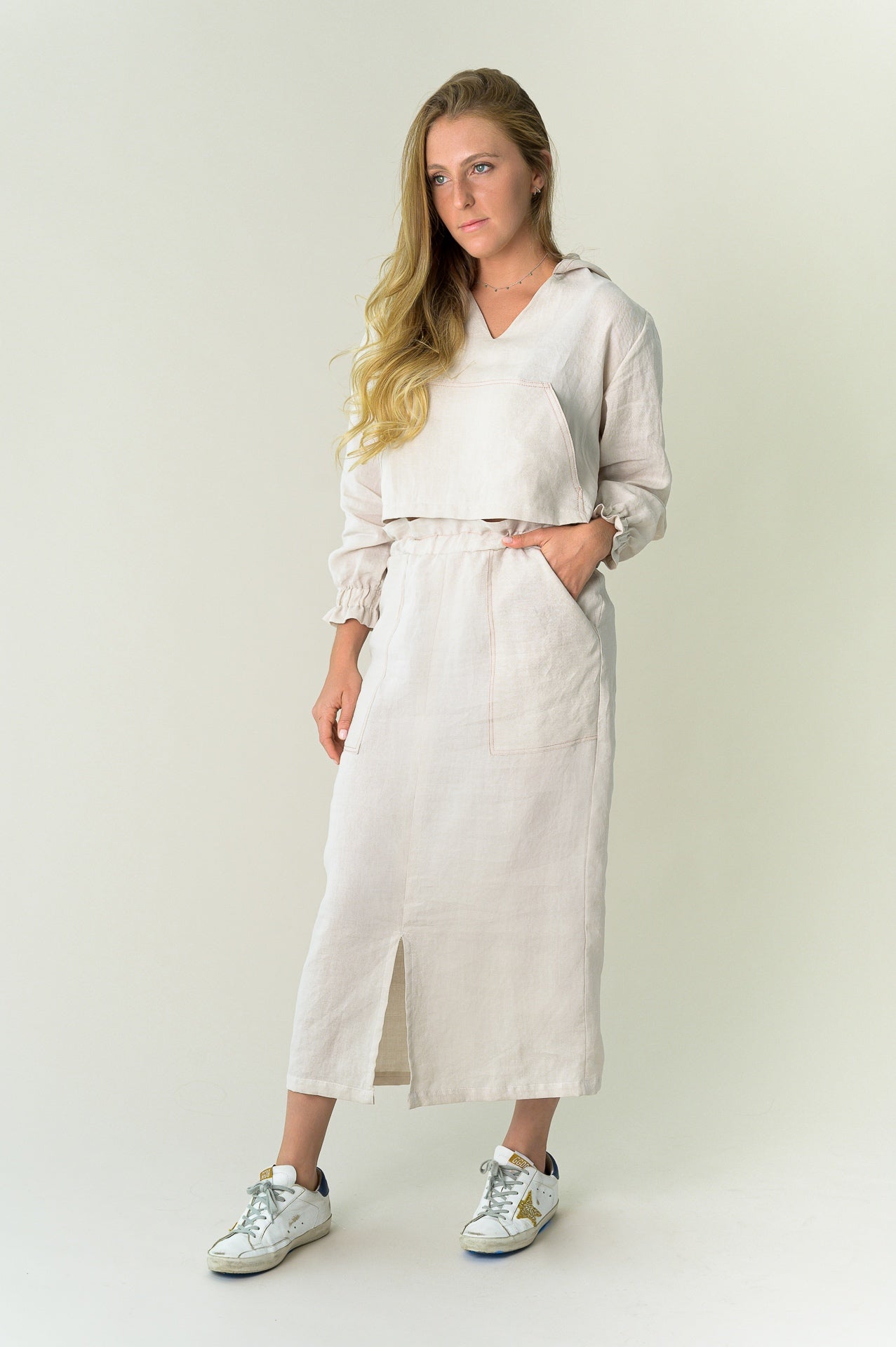 Linen Midi Skirt | Beige with Mauve