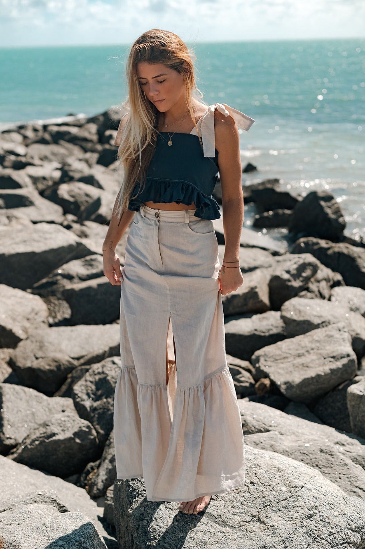 Linen High-Waisted Maxi Skirt With Front Slit
