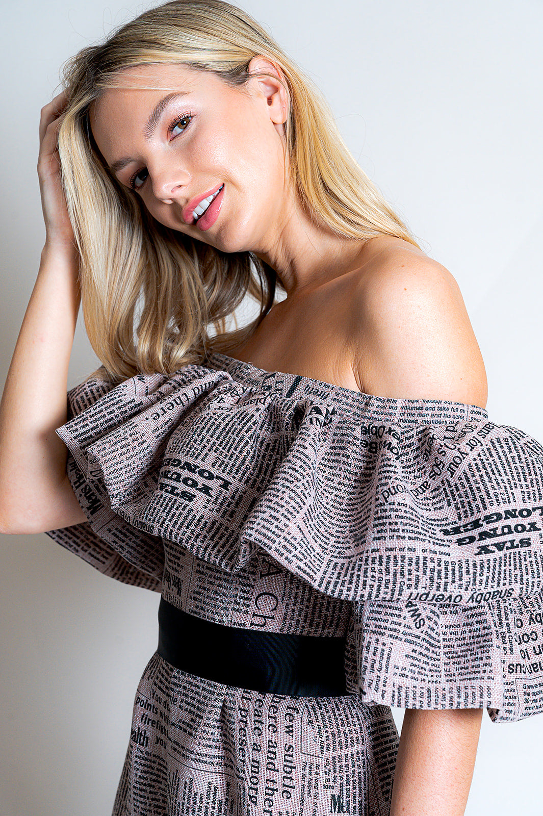 Newspaper Print Off Shoulder Romper With Accent Sleeves | Dusty Pink