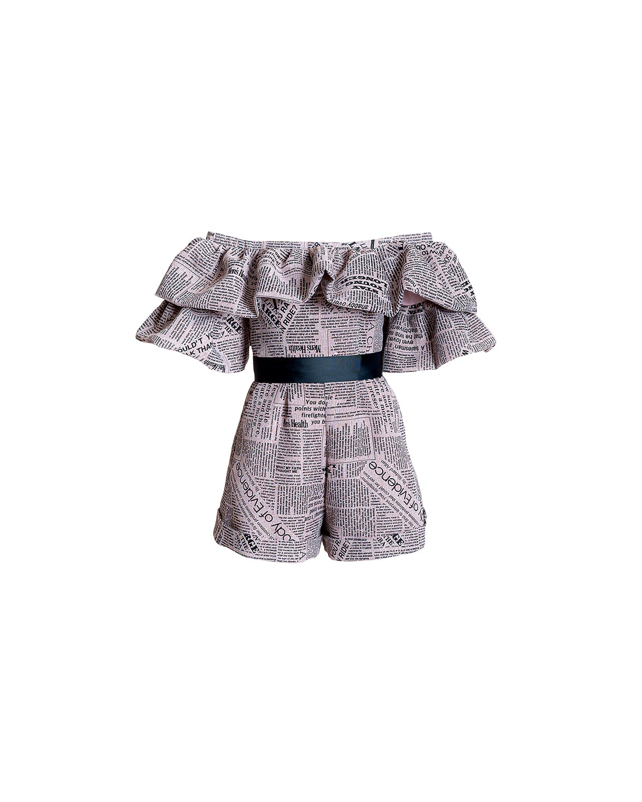 Newspaper Print Off Shoulder Romper With Accent Sleeves | Dusty Pink